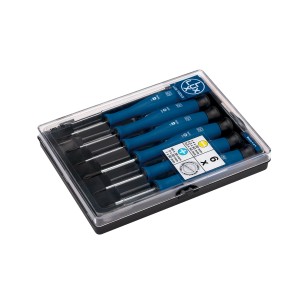Set di cacciaviti di precisione LUX, 6 pezzi con manico blu nella scatola.