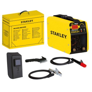 Set saldatrice Stanley con accessori: maschera di saldatura, spazzola, cavi e morsetti.