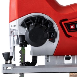 Dettaglio del seghetto alternativo a batteria rosso Einhell TE-JS 18 Li Solo con protezione antischegge.