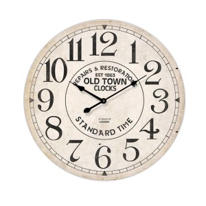 Orologio da parete rotondo in stile vintage con grandi numeri neri e scritta "Old Town Clocks".