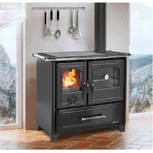 Stufa a legna t.b.t. nera con piano cottura e forno.