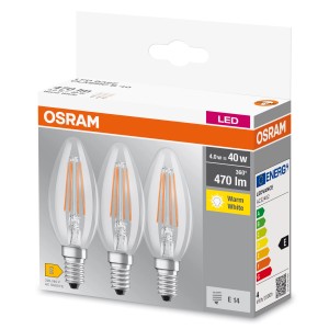 Osram LED E14 a candela, 4W, set da 3. Luce bianca calda per ambienti domestici.