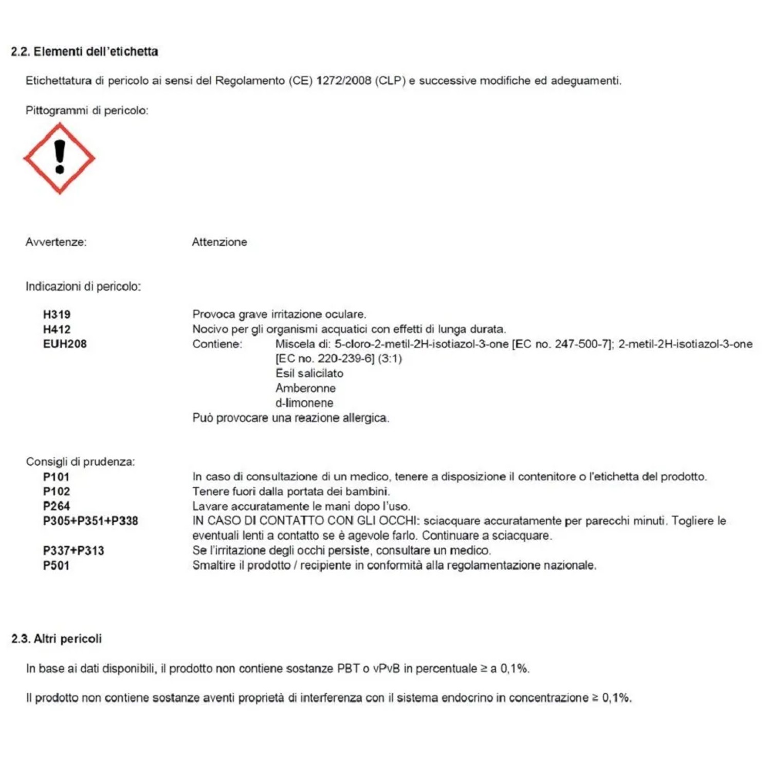 Scheda di sicurezza con avvertenze e simbolo di pericolo