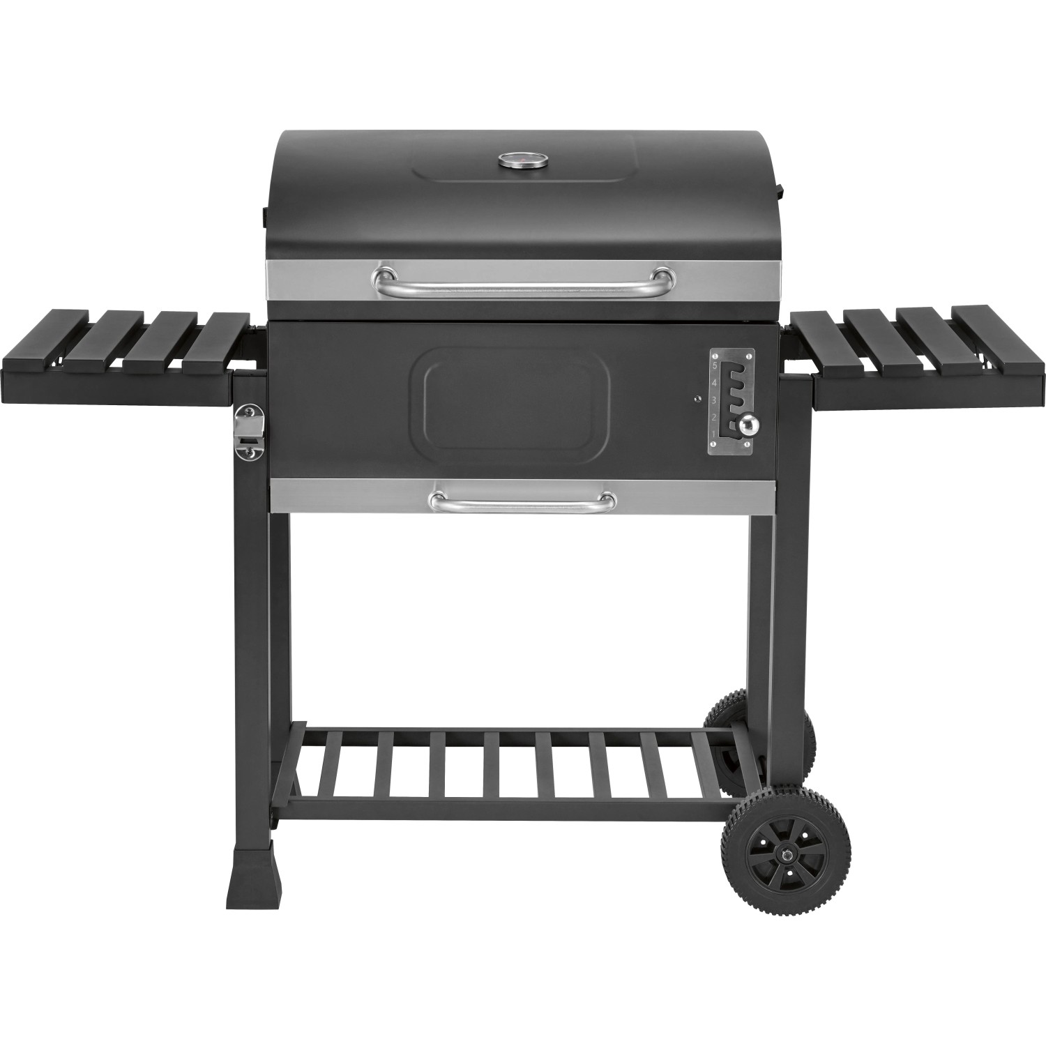 Grill a carbone Jamestown Jaxon XL grigio scuro con termometro, ripiani laterali e ruote. Barbecue mobile in acciaio.