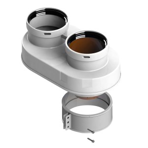 t.b.t. per Caldaie: Componente bianco con due aperture e materiale di montaggio.