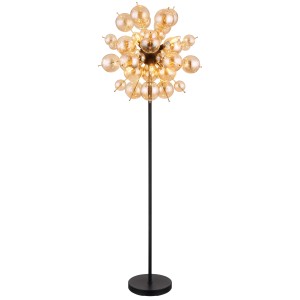 Lampada da terra moderna con sfere di vetro color oro come corpi illuminanti, ideale come piantana.