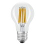 Lampadina LED E27 con vetro trasparente e design a filamento.