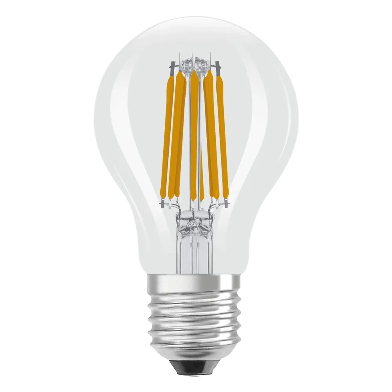 Lampadina LED E27 con vetro trasparente e design a filamento.