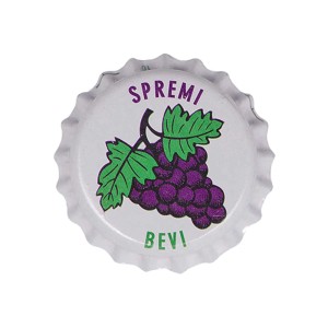 Tappo a corona con motivo di uva e scritta "Spremi Bevi".