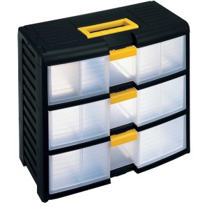 Mobile portaminuteria nero con 3 cassetti trasparenti e maniglie gialle.