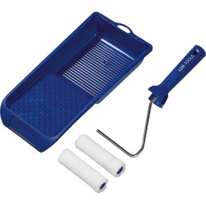 Set pittura per legno LUX, 4 pezzi: vaschetta per pittura, telaio per rullo e due rulli in microfibra.