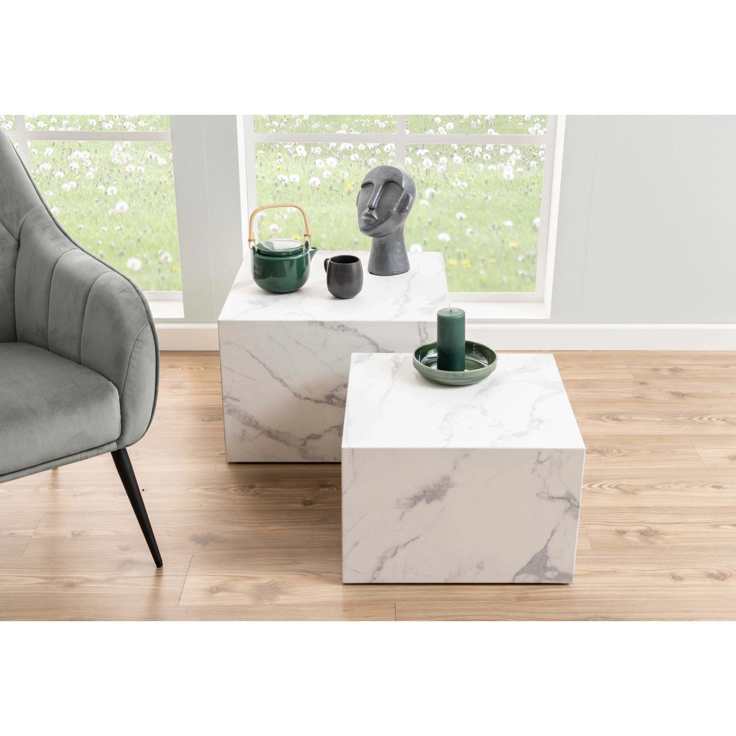 Set di 2 tavolini da salotto in legno Motrik effetto marmo bianco quadro h40 cm_4