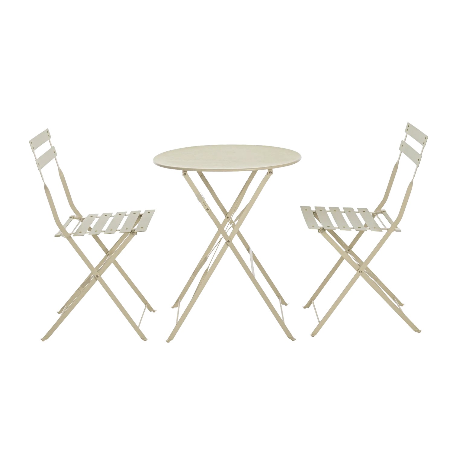 Set bistro AUSTIN beige in acciaio, composto da tavolo e due sedie. Pieghevole e salvaspazio.