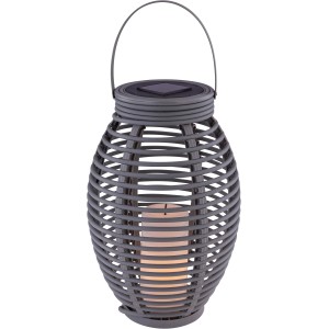 Lanterna solare a LED grigia con effetto fuoco in rattan per esterni.