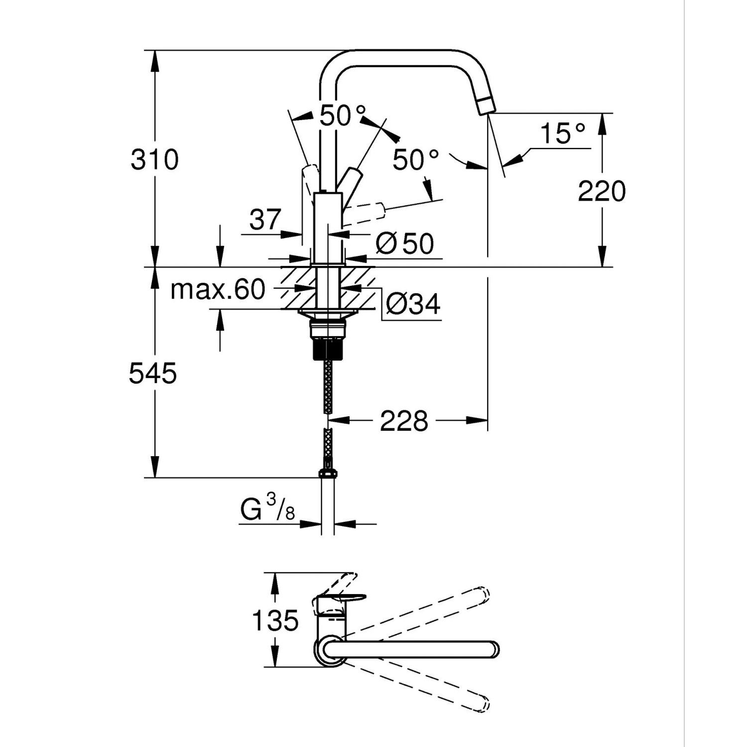 Disegno tecnico del miscelatore cucina Grohe QuickFix Start con bocca a U e dimensioni.