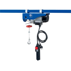 Paranco elettrico LUX SZ-100/200 per sollevare carichi, con gancio di sicurezza e protezione da sovraccarico.