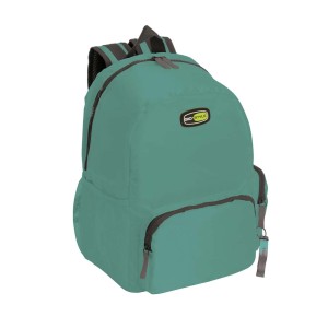 Zaino verde t.b.t. per attrezzatura da campeggio con dettagli grigi.