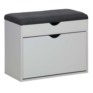 Scarpiera bianca con seduta grigia e due scomparti. Mobile per scarpe da ingresso.