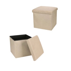 Pouf beige con coperchio rimovibile, mostrato chiuso e aperto.
