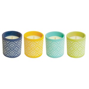 Candele t.b.t. Antizanzare in blu, giallo, turchese e verde con motivo floreale.