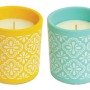 Candele t.b.t. Antizanzare in blu, giallo, turchese e verde con motivo floreale.