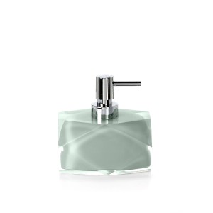 Dispenser sapone moderno color menta con design geometrico e pompa cromata.