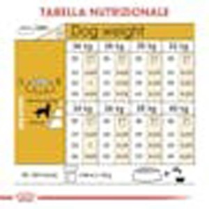 Tabella nutrizionale per cibo secco per cani t.b.t., informazioni sul peso per la raccomandazione di alimentazione.
