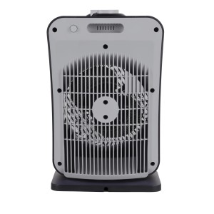 Termoventilatore elettrico grigio t.b.t. con griglia di protezione e base.