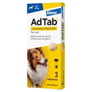 AdTab compresse masticabili per cani (22-45kg) per il controllo dei parassiti. Confezione da 3 compresse.
