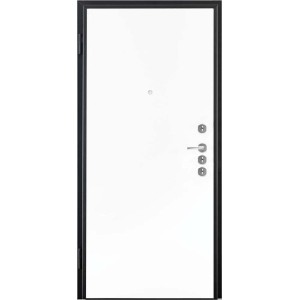 Porta blindata bianca con telaio nero, maniglia e spioncino.