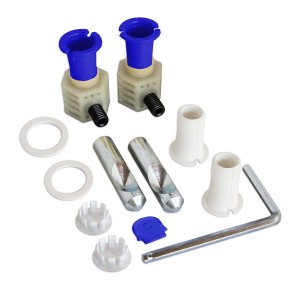 Kit di fissaggio a muro per bidet con tasselli, viti, rondelle e strumento di montaggio.