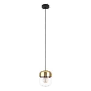 Lampada a sospensione moderna t.b.t. con paralume dorato e vetro trasparente per un'illuminazione elegante.