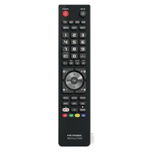 Telecomando nero per accessori TV e video con pulsanti per accensione, muto e navigazione.
