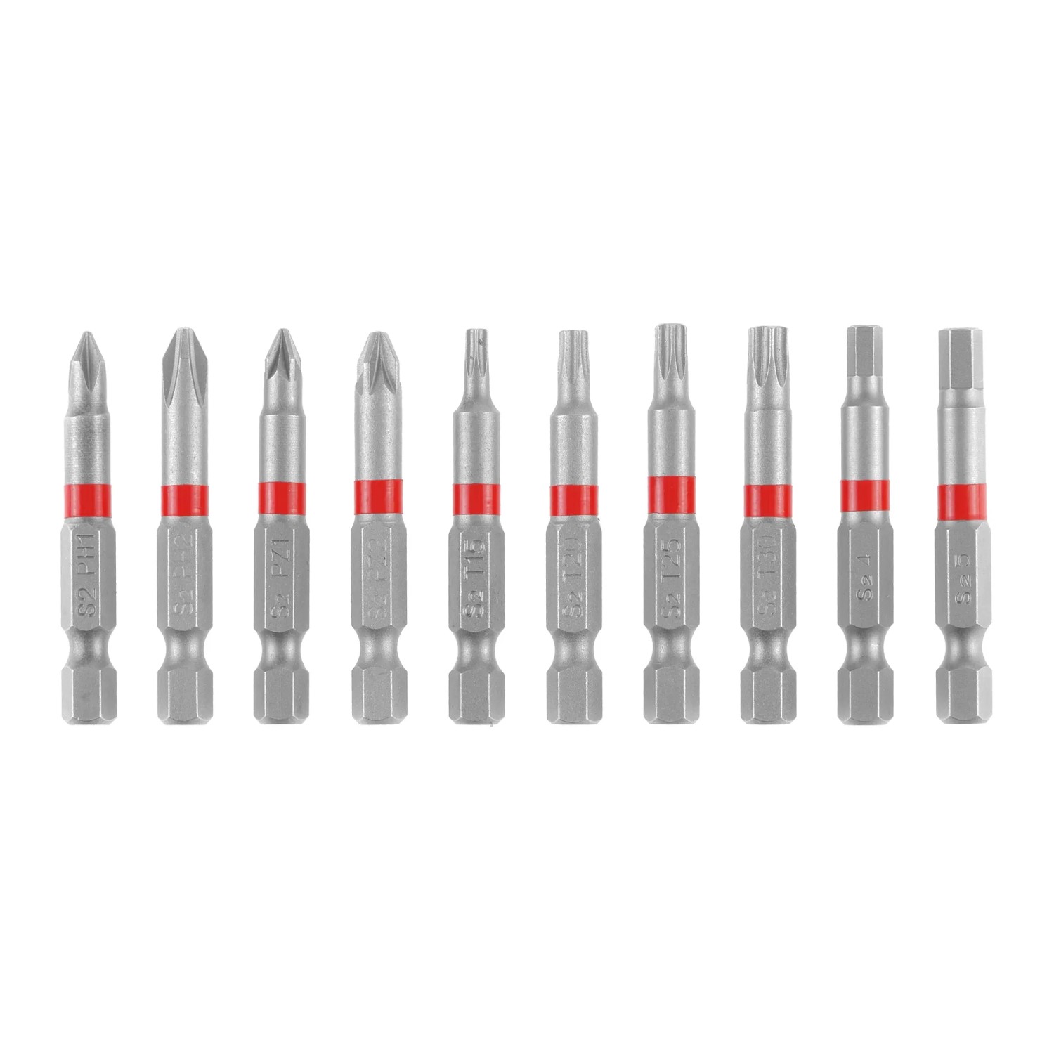 Set di inserti Einhell da 10 pezzi, 50 mm, con vari profili (PH, PZ, TX, HEX) per avvitatori a batteria.