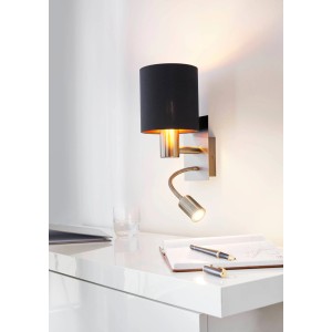 Moderna lampada da parete Pasteri con luce da lettura, nichel opaco, nero e rame. Ideale come lampada da soggiorno.