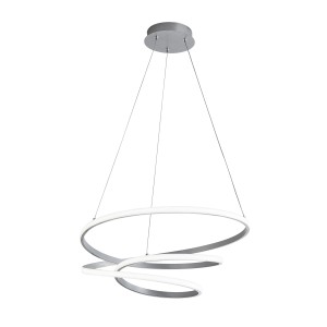 Moderna lampada a sospensione a LED t.b.t., a spirale, color argento. Ideale come Sospensioni.