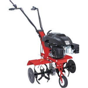 Motozappa rossa con motore nero e ruote per il giardinaggio.