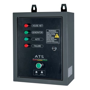 Pannello di controllo generatore t.b.t. con spie per rete domestica, generatore, auto e guasto.