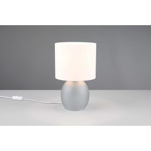 Elegante lampada da scrivania con base rotonda grigia e paralume bianco.
