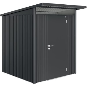 Casetta da giardino in metallo antracite con porta e tetto.