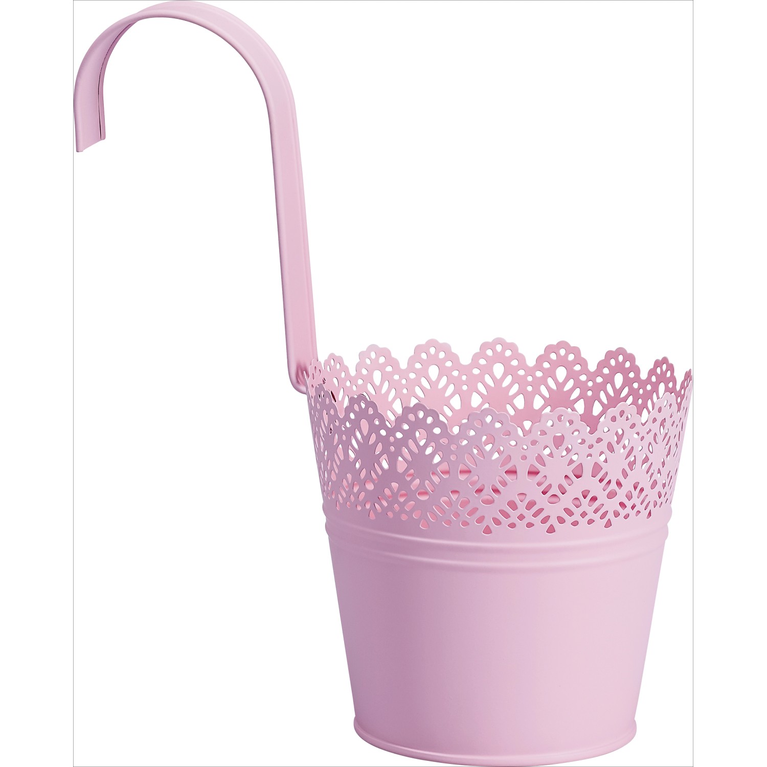 Vaso da appendere rosa con motivo traforato per balcone.