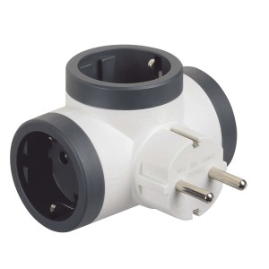 Adattatore per presa t.b.t., triplo, bianco/grigio per più opzioni di connessione.