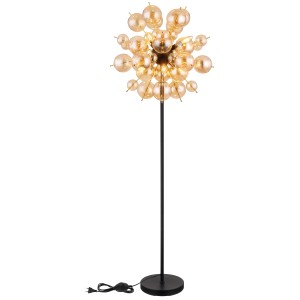 Lampada da terra moderna t.b.t. con sfere di vetro dorato come elementi illuminanti.