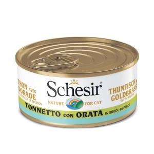 Schesir cibo umido per gatti con tonno e orata in brodo, lattina da 70g.