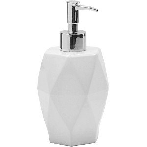 Dispenser sapone t.b.t. bianco con design geometrico e pompa cromata.