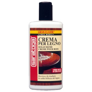 Cura del legno: Crema per legno Saratoga per mobili, flacone con immagine del legno.