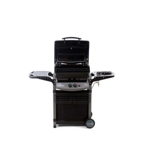 Barbecue a gas t.b.t. con ripiani e coperchio aperto.
