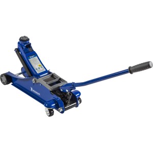 Cric auto blu, accessorio per cambio gomme e riparazioni.