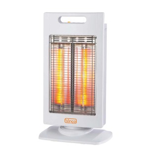 Stufa elettrica t.b.t. bianca con elementi riscaldanti e maniglia per il trasporto.