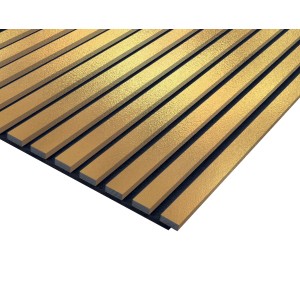 Pannello acustico color oro con struttura a lamelle per l'assorbimento acustico.